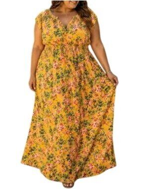 Torrid Yellow Floral Short Sleeved Maxi Dress Women's Size 2X Spring Summer Boho